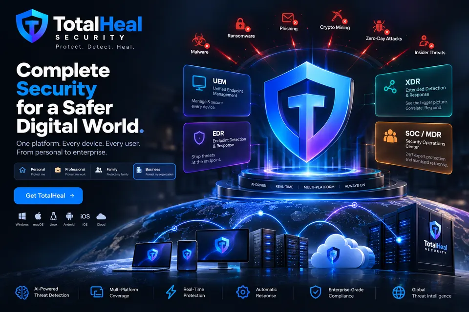 Illustration: the planned TotalHeal business platform — UEM, EDR, XDR and SOC/MDR around one shield