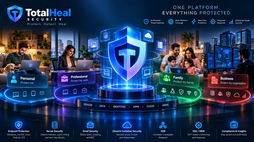 Illustration: one TotalHeal platform protecting personal, professional, family and business users