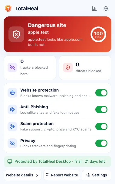 Extension popup warning that a site is dangerous
