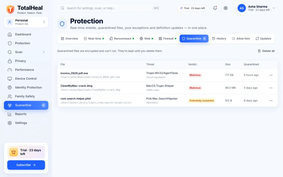 TotalHeal quarantine with restore and delete options