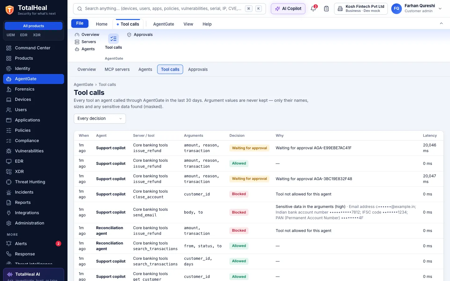 TotalHeal console, AgentGate tool calls: each call’s agent, server and tool, argument names, decision (allowed, blocked, waiting for approval) and the reason, such as a tool not allowed for the agent or sensitive data in an e-mail body