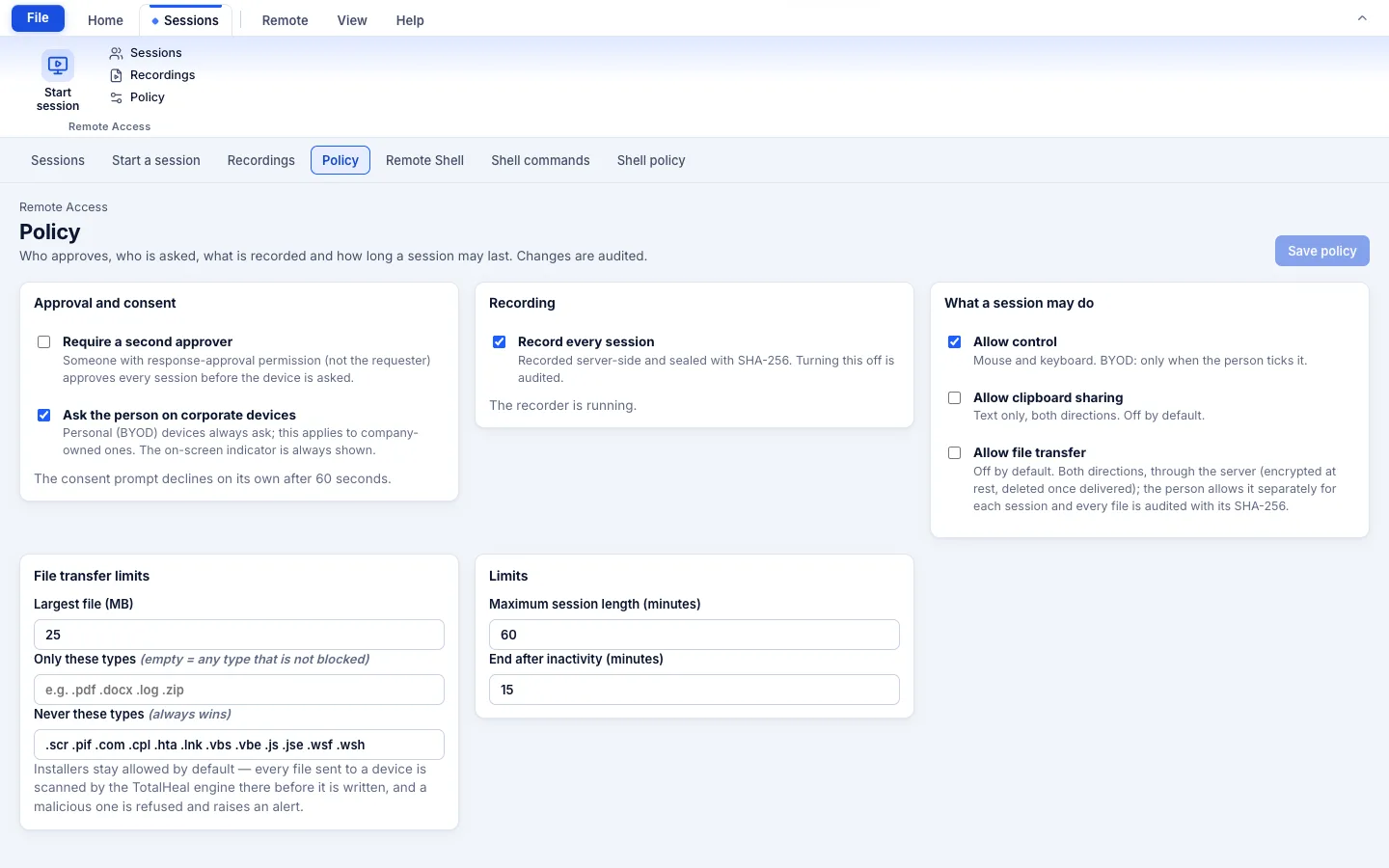 TotalHeal console, Remote Access policy: second approver, consent on corporate devices, recording, control, clipboard and file-transfer settings and session limits