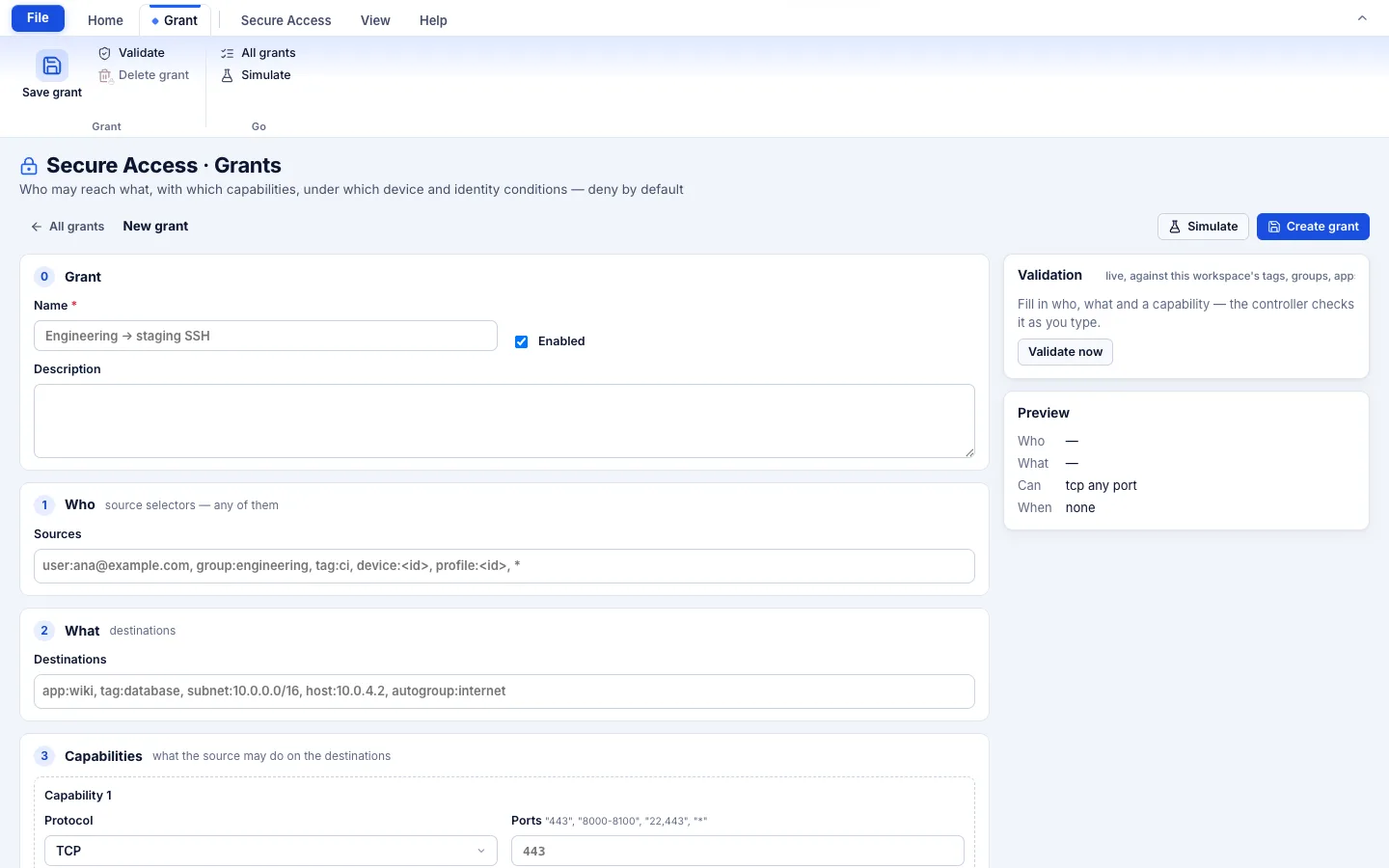 TotalHeal console, Secure Access grants: a new grant with who, what and capabilities, live validation and a preview