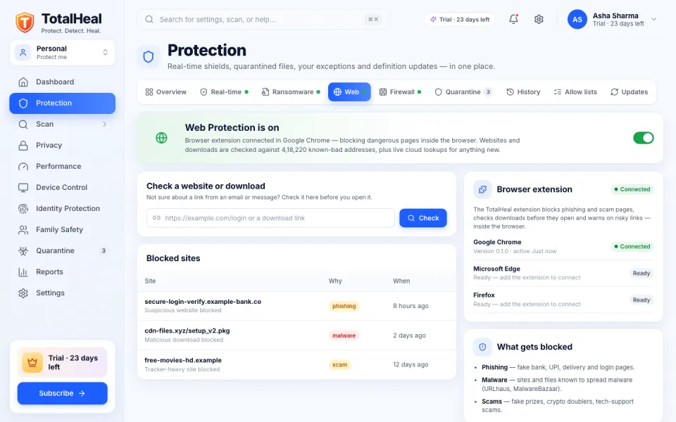 TotalHeal Web Protection screen with a link checker and recently blocked sites